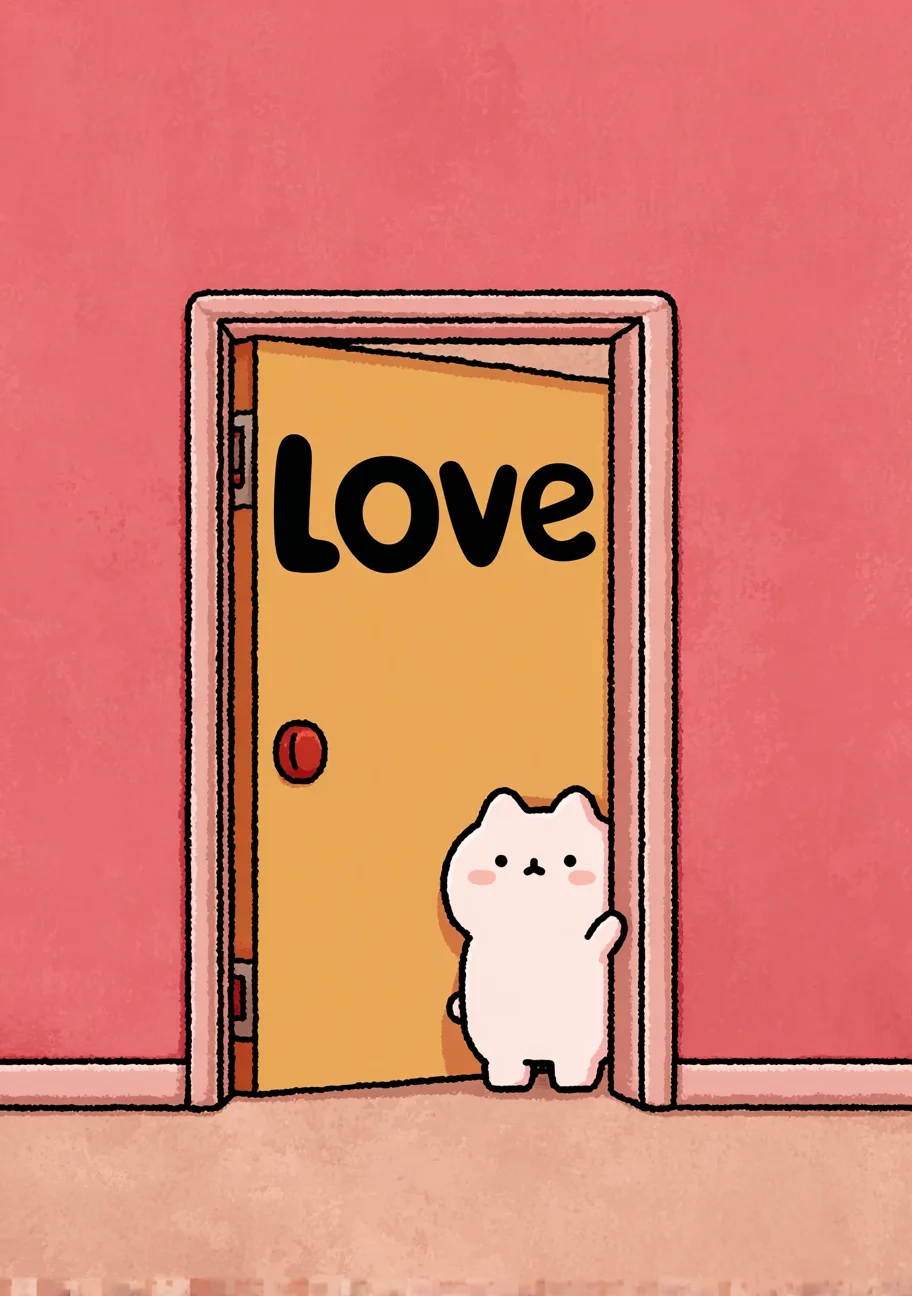 A cute character opening a door labelled Love