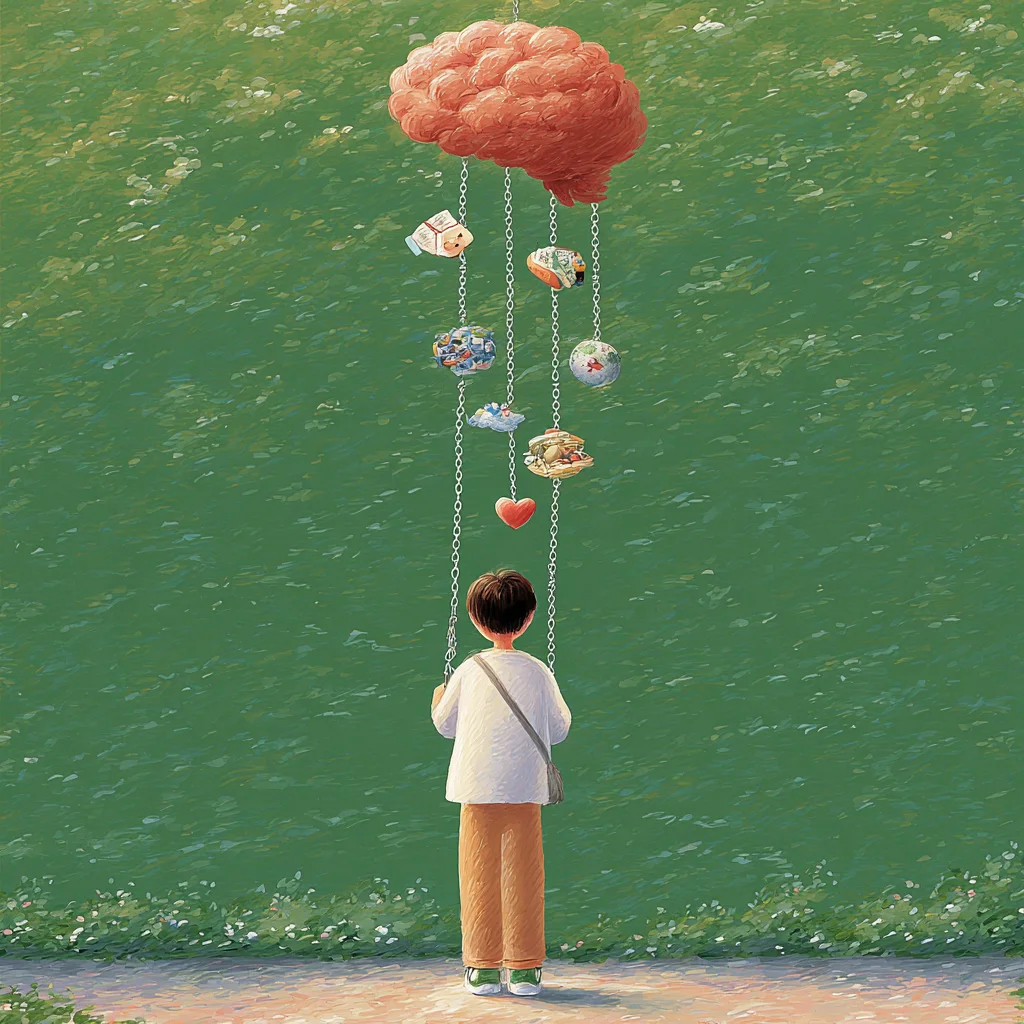 A person standing beneath a brain with thoughts hanging like chimes